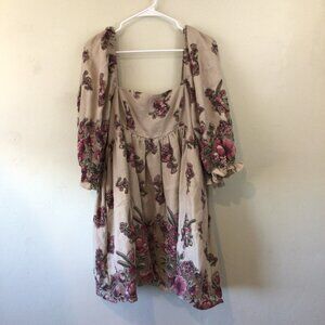 Arula Tan Floral Print Puff Sleeve Baby Doll Mini Dress Sheer Inserts